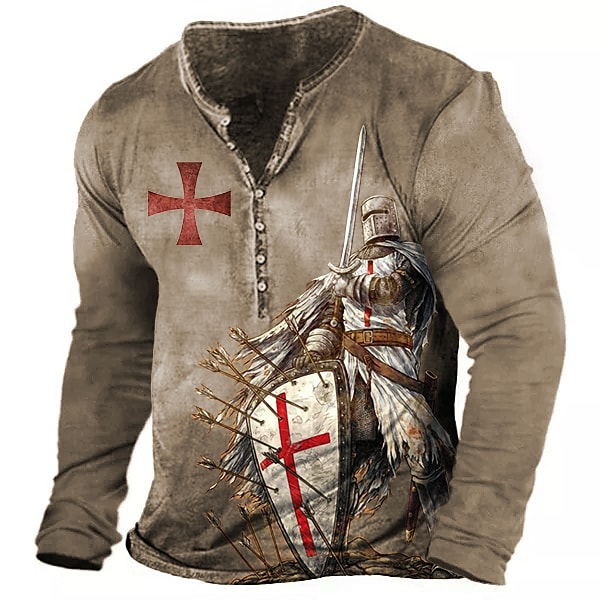 Men's Vintage Templar Cross Henley Collar Long SleeveT-Shirt