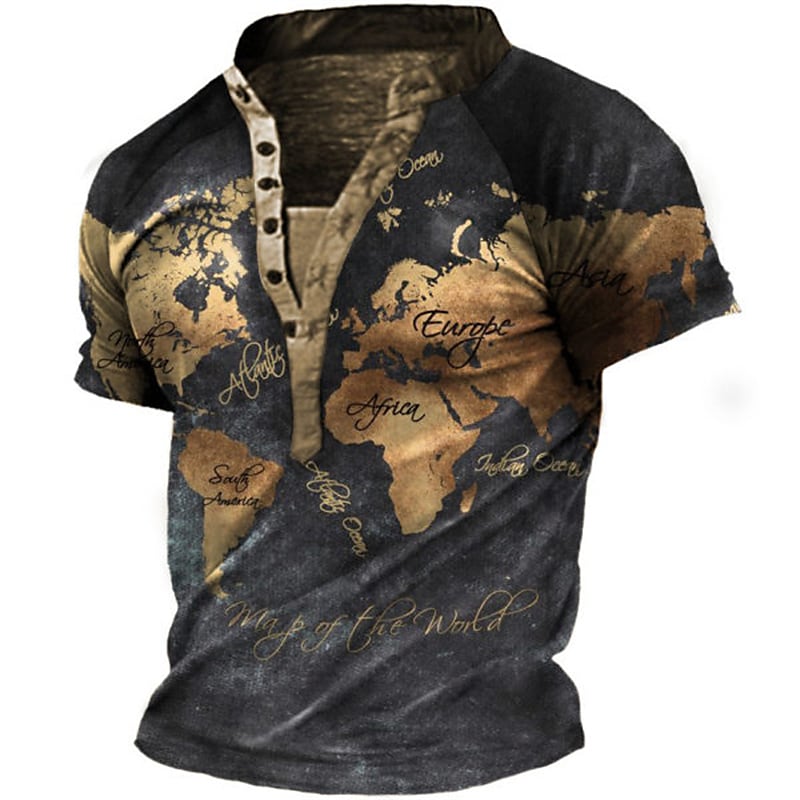 Men's T-shirt Henley Graphic Map Short Sleeve Casual Button-Down Print Tops