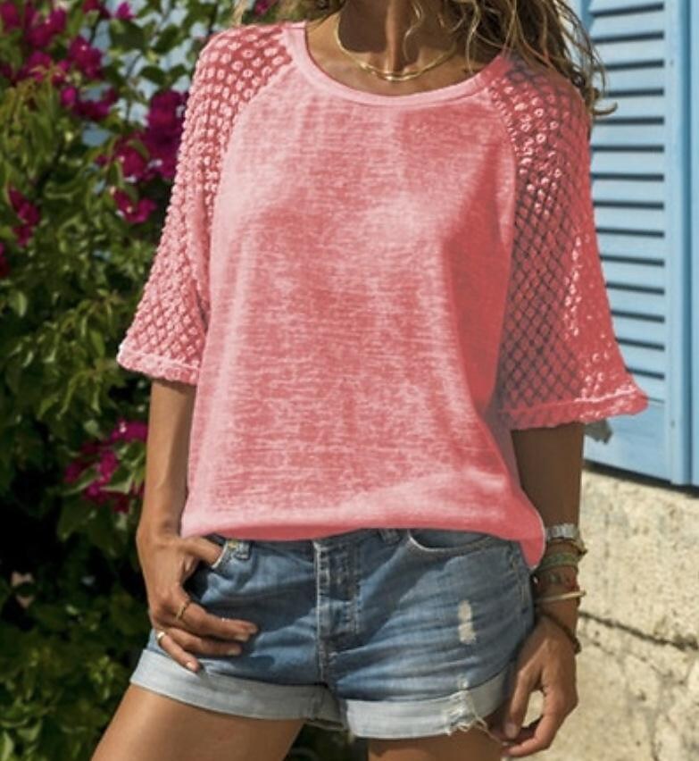  Women Lace Stitching 3/4 Sleeves T-shirt