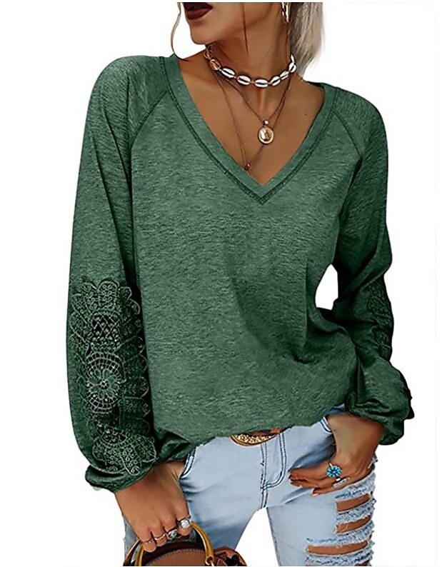 Women‘s solid color pullover v-neck stitching lace lantern t-shirt