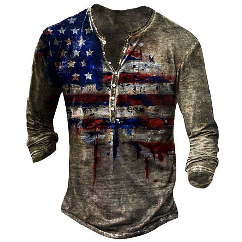 Men's T-shirt Henley Graphic Flag Long Sleeve Casual Button-Down Print Tops