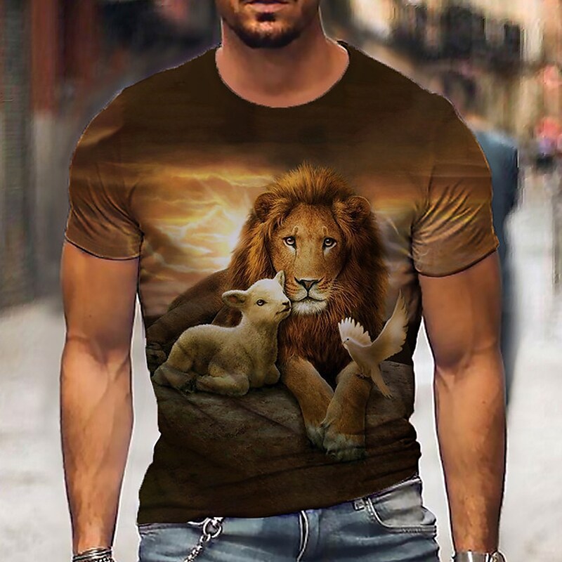 Men's T-shirt  3D Print Lion Short Sleeve Tops