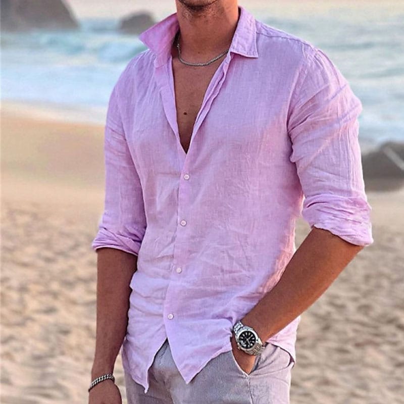 Men's Solid Color Button-Down Long Sleeve Linen Shirt
