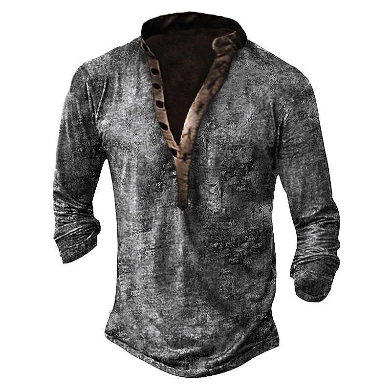 Men's T-shirt Henley Vintage Long Sleeve Casual Button-Down Print Tops 