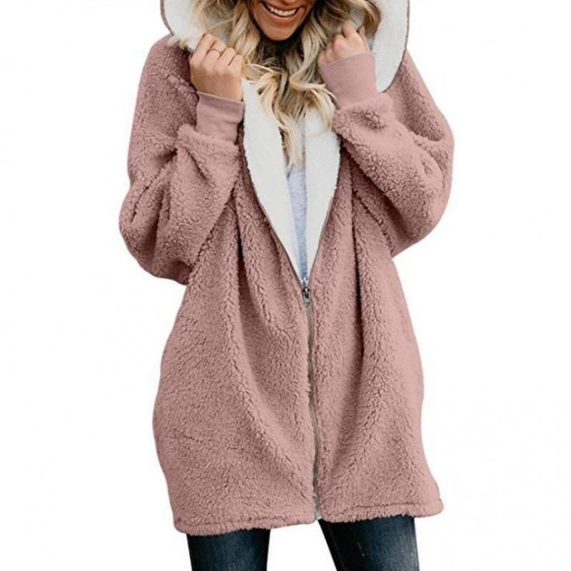 Solid color hooded zipper cardigan fur coats