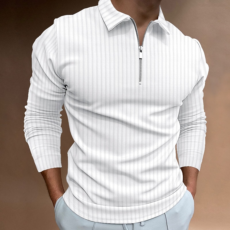 Men's Golf Shirt Striped Solid Color Zipper Patchwork Long SleeveTops  