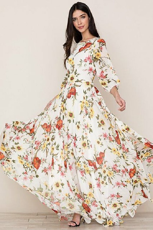 Women's Chiffon 3/4 Length Sleeve Floral Maxi long Dress