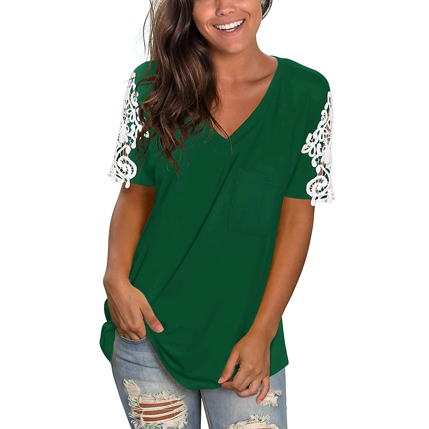Women's Short-sleeved Lace Stitching Hollow T-shirt Casual Top