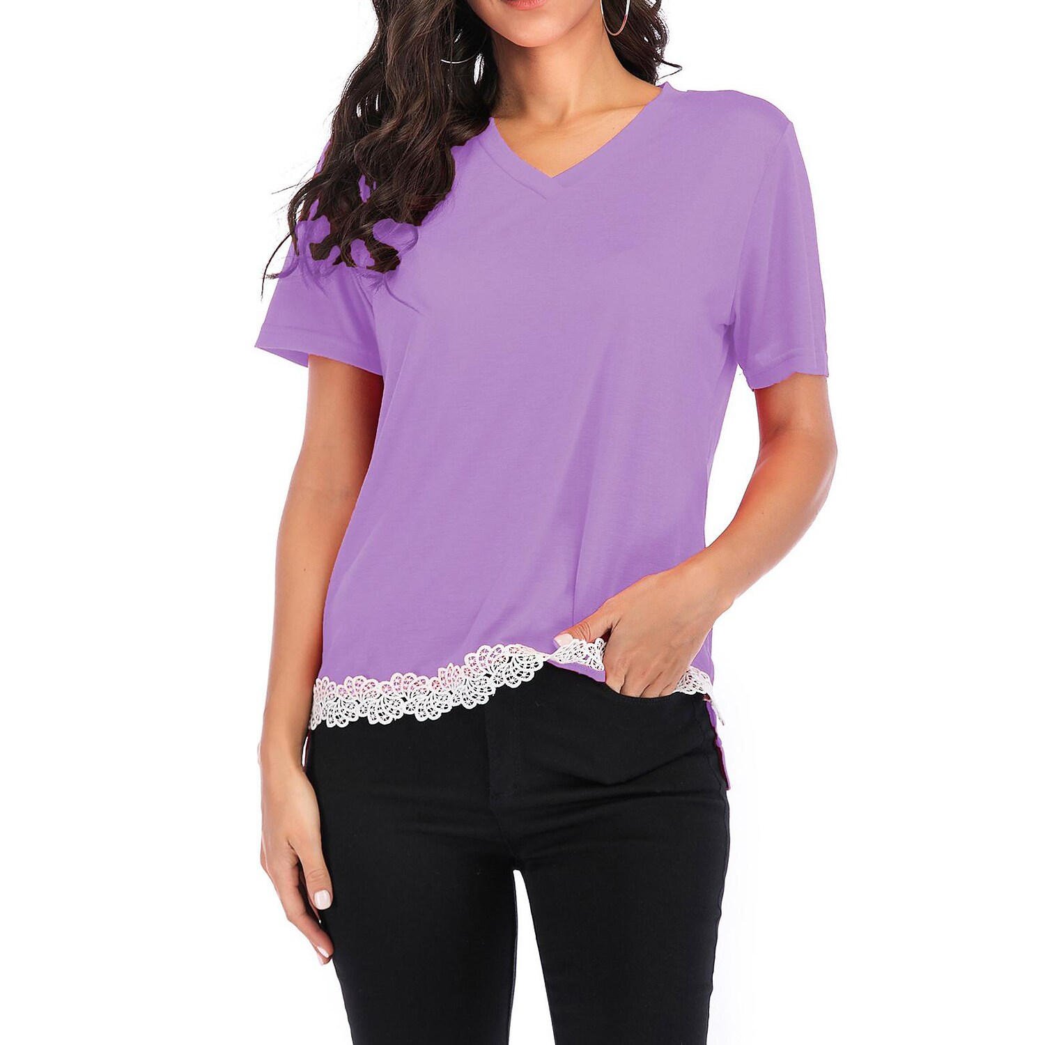Women's sexy lace top lace t-shirt v-neck summer short sleeve