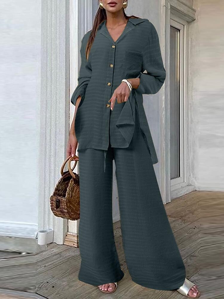 Women's 2 piece casual lapel slit long sleeve shirt and wide leg pants