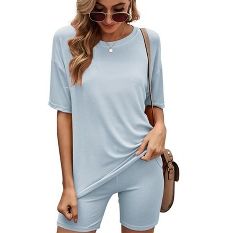 Women's solid color short sleeves with shorts casual home two-piece set