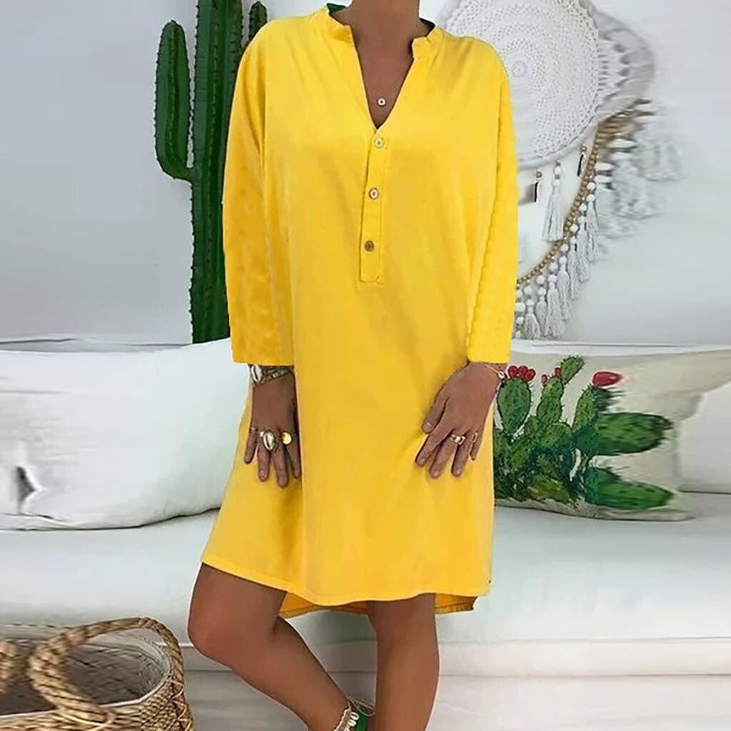Women's long-sleeved single-breasted v-neck pocket loose dress