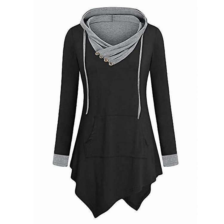 Women‘s buckle hooded v-neck ruched irregular cross patch sweater