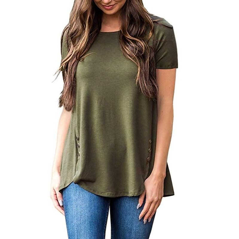 Women's T-shirt New Short-sleeved Button Round Neck Top