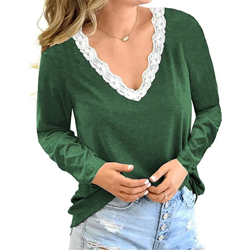 Women‘s casual loose v-neck lace long-sleeved t-shirt