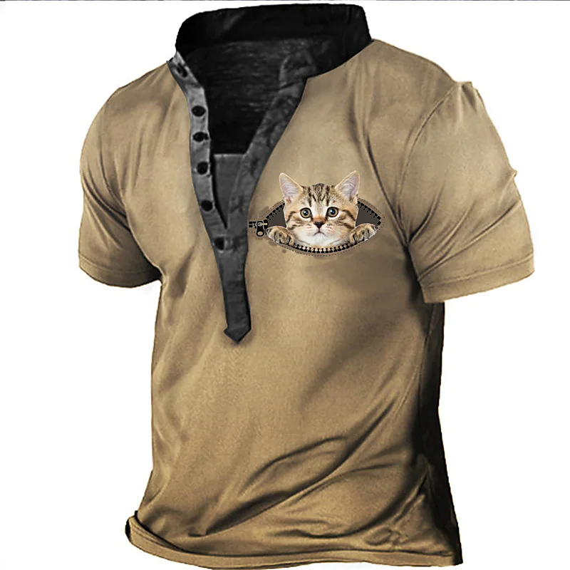 Men's T-shirt Henley Graphic Cat Stand Collar Short Sleeve Casual Button-Down Print Tops