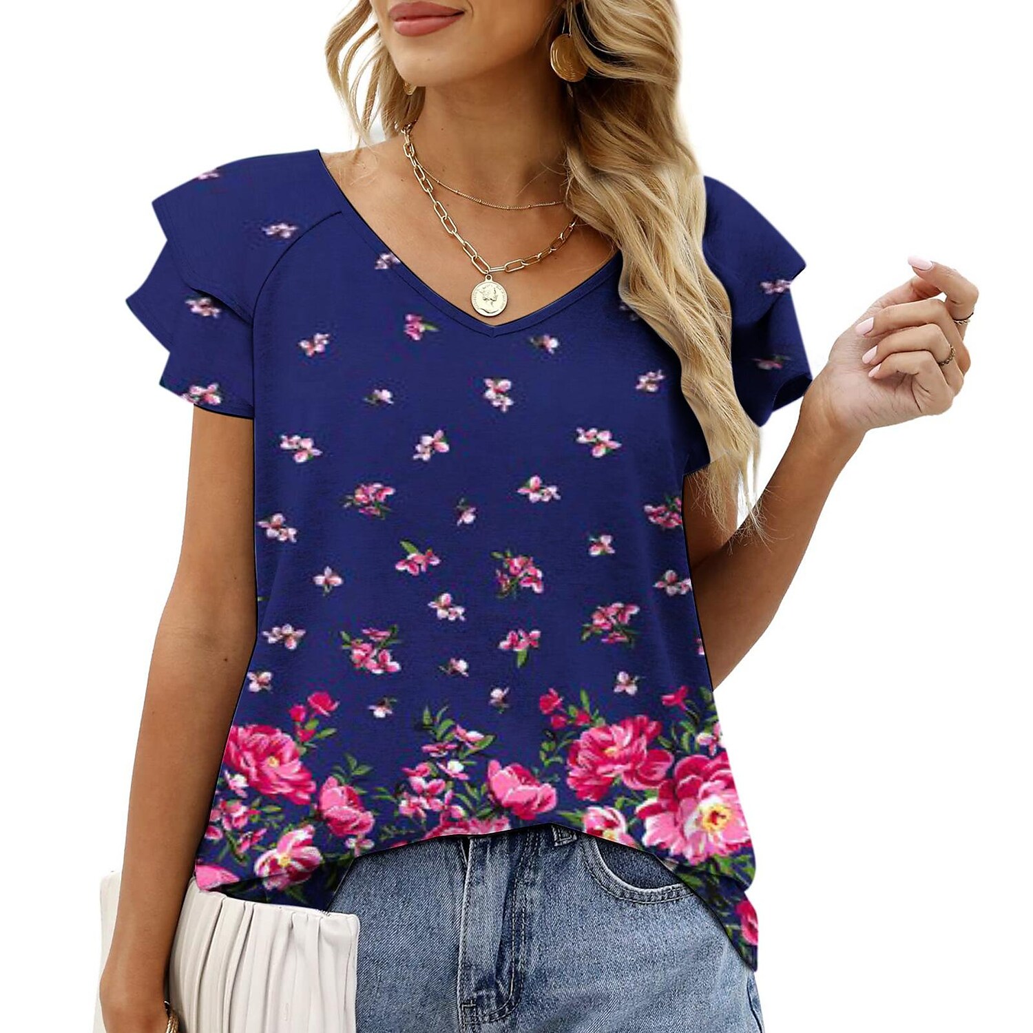 Women's printing v-neck double layer ruffle sleeve loose top t-shirt