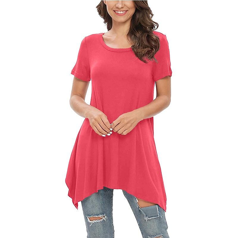 Women's Short Sleeve Loose Round Neck Solid Color Irregular Casual Top