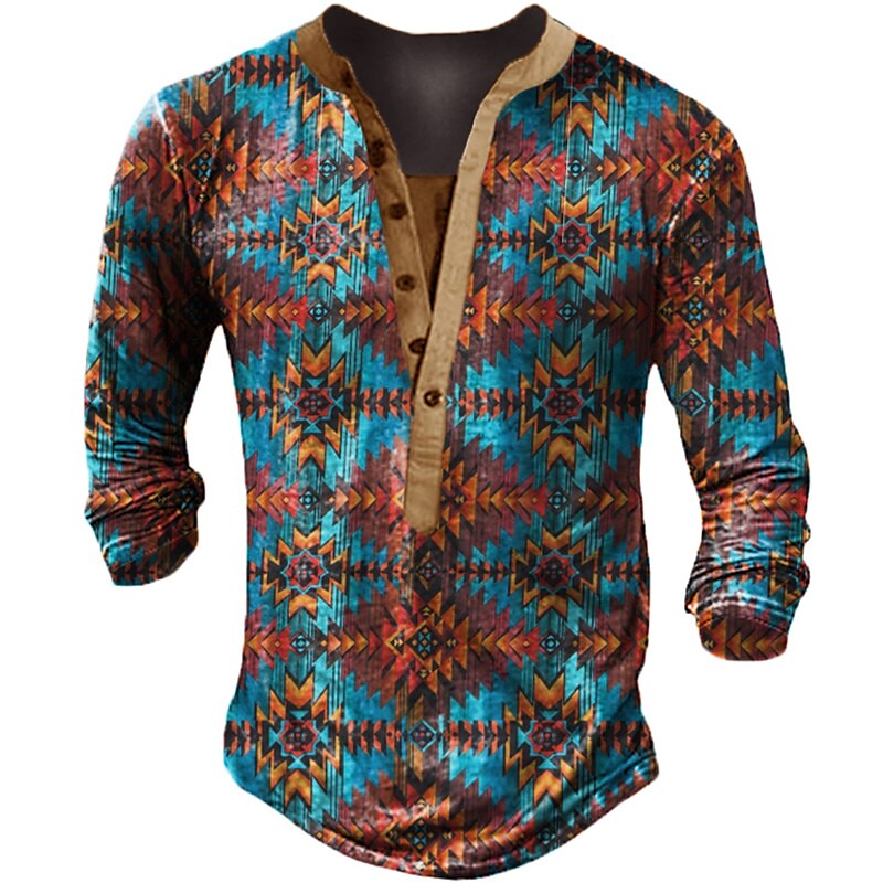 Men's T-shirt Henley Graphic Geometry Long Sleeve Print Plus  Button-Down Print Tops