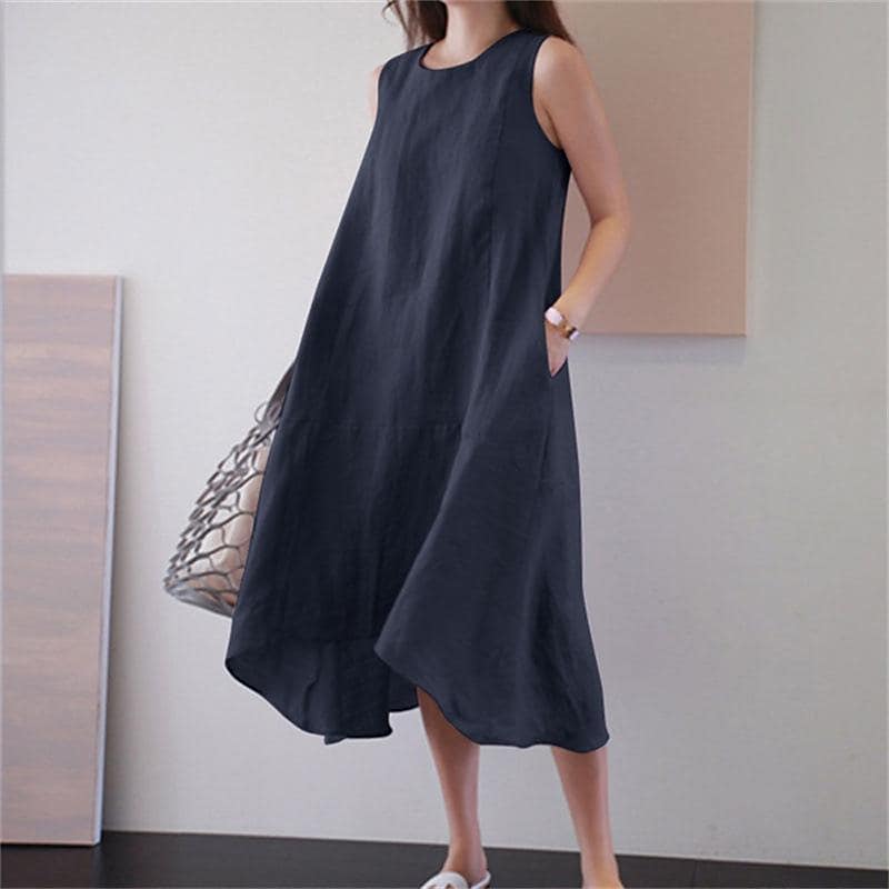 Women's loose insert pocket cotton linen long swing tank top dress