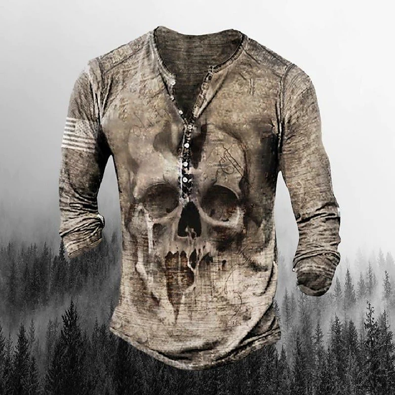 Men's T-shirt Henley Graphic Skull Long Sleeve Casual Button-Down Print Tops