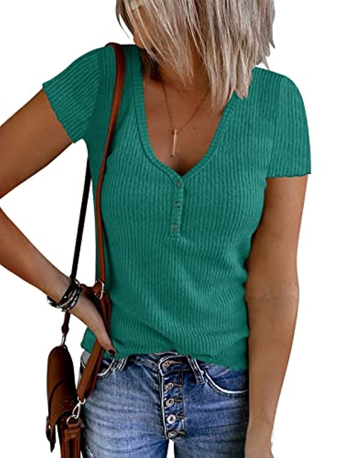 Women's Solid Color Short Sleeves V Neck T-shirt 