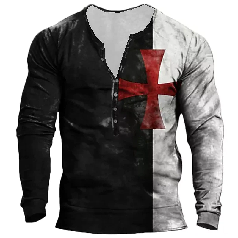 Men's T-shirt Henley  Long Sleeve 3D Print Plus Size Button-Down Tops 