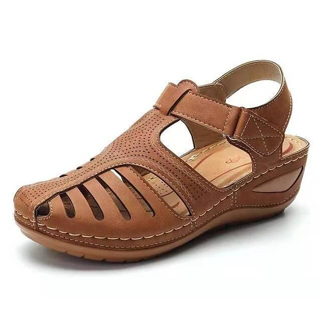 Womens Casual Sandals Leather Retro Style Buckle Shoes Summer Ladies Wedges Shoes Flat Sandals 