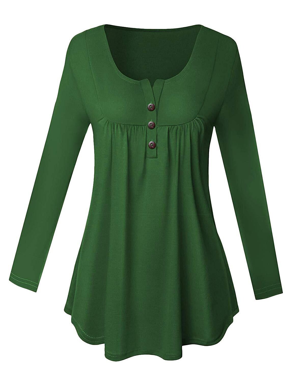 Women‘s Casual Solid Color Round Neck Button Long-sleeved Ruched Tops