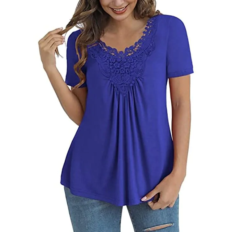 Women's Tops Short Sleeve Shirts Lace Pleated Tunic Casual T-shirts