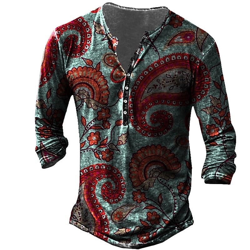 Men's T-shirt Henley Graphic Floral Tribal Long Sleeve Print Plus  Button-Down Print Tops