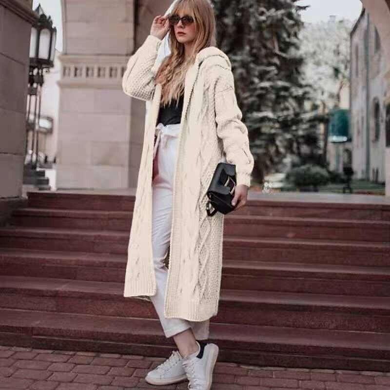solid color hooded long cardigan sweater twist knitted sweater