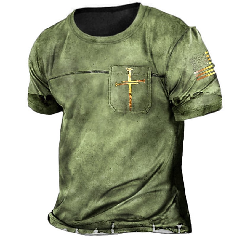 Men's T-shirt  3D Print Patterned Cross Button-Down Short Sleeve Tops 