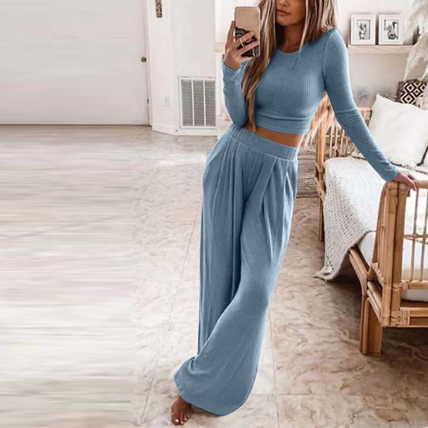  Women's Pure Color Knitted Casual Two-piece Suit