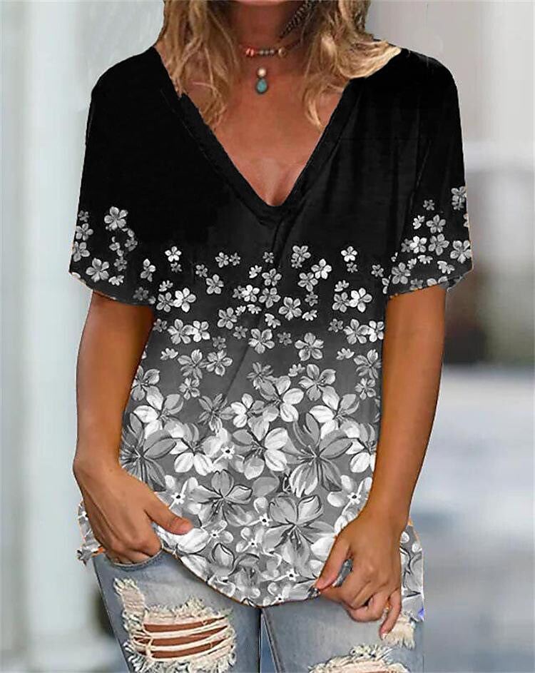 Women's V-neck Petal Print Short-sleeved T-shirt