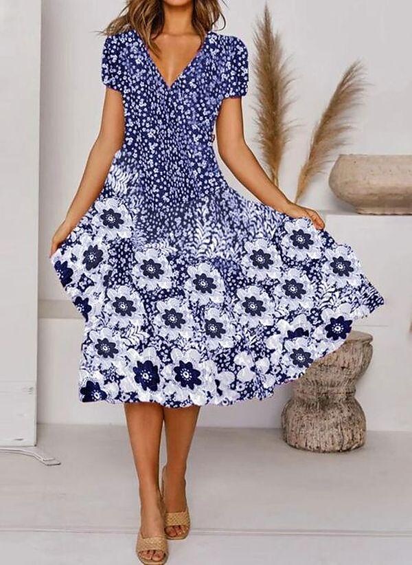 Women's Flower Print V-neck Short Sleeve Dress