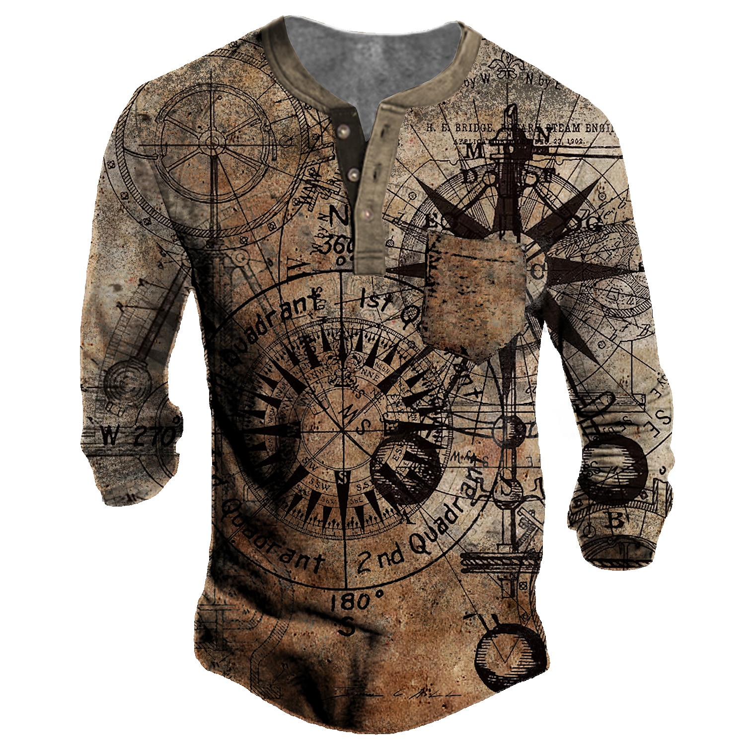 Men's Henley T-shirt 3D Print Graphic Compass Long Sleeve Tops