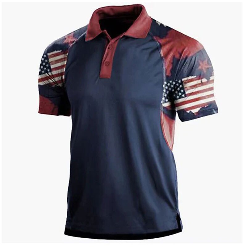 Men's Polo Shirt Golf Shirt American Flag Turndown White & Blue White