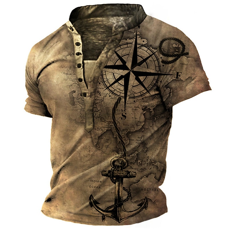 Men's T-shirt Henley Graphic Anchor Compass Stand Collar Short Sleeve Print Tops