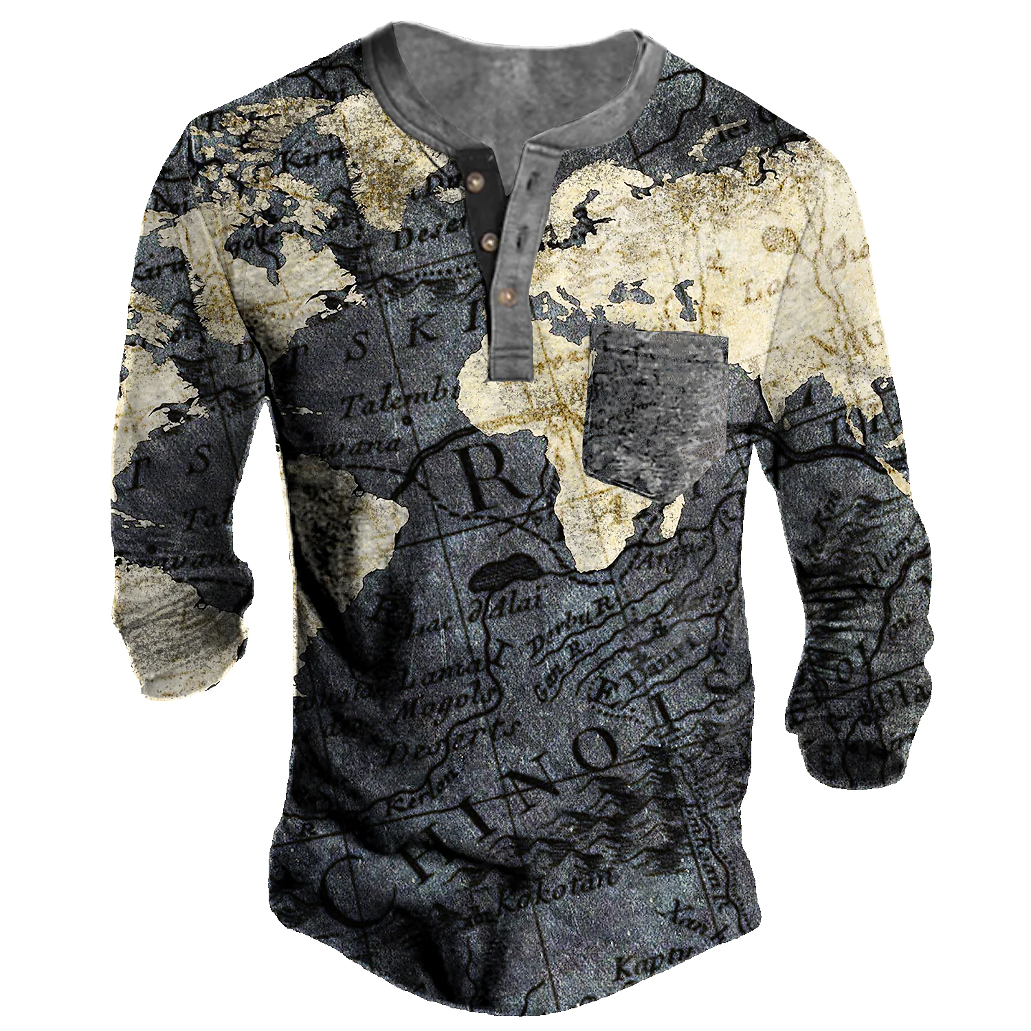 Men's Henley T-shirt 3D Print Graphic Map Long Sleeve Tops