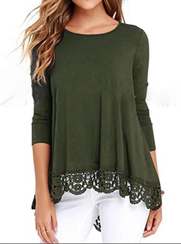 Women's Loose Solid Color Round Neck Long Sleeve Lace T-shirt