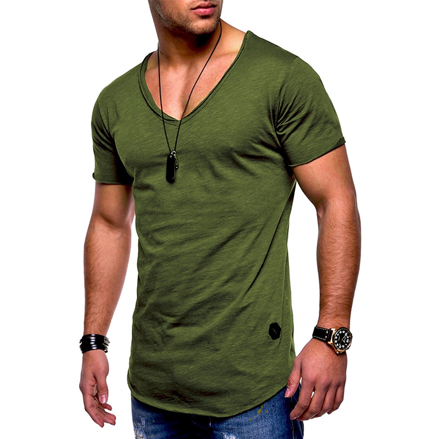 Men's Solid Color V-neck Casual Basic T-shirt