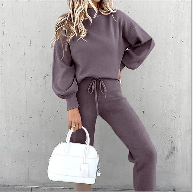 Neck long sleeve fleece fashion casual sweater set