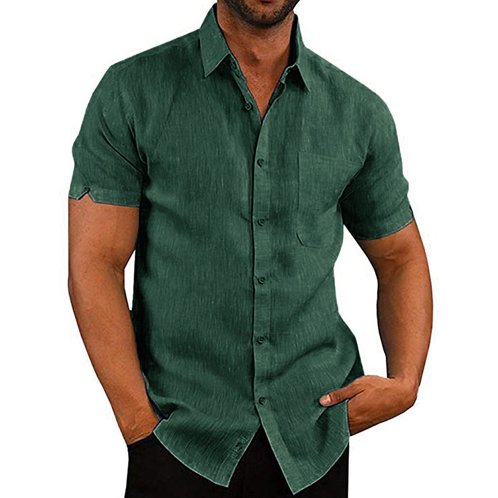 Men's Solid Colored Fashion Designer Short Sleeve Linen Shirt