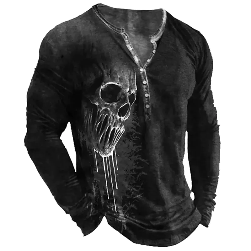 Men's T-shirt Henley Graphic Skull  Long Sleeve 3D Print Plus Size Button-Down Tops 