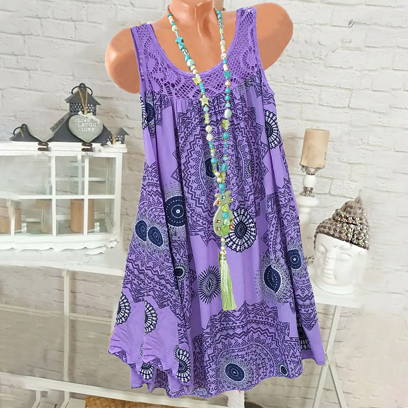 Women's Fashion Clothing Sleeveless Printing Round Neck Lace Dress