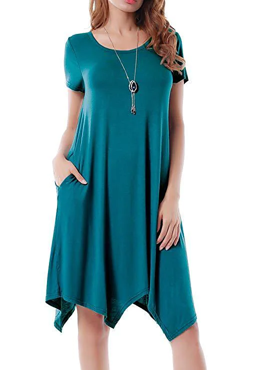 New Irregular Solid Color Round Neck Short Sleeve Pocket Dress 