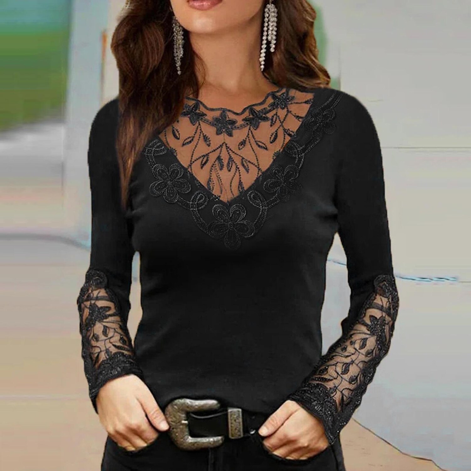 Women's sexy deep v lace collar lace long-sleeved t-shirt