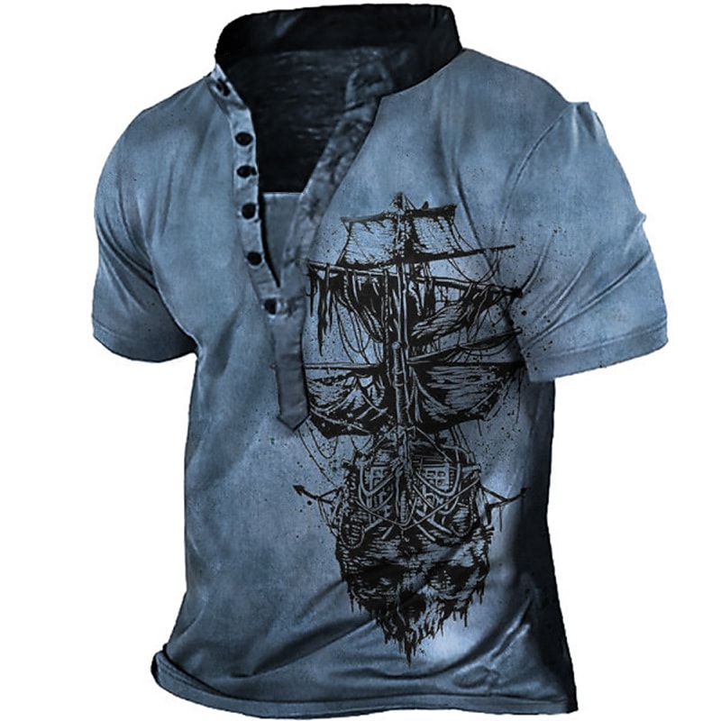 Men's 3D Graphic Prints Patterned Rudder Button-Down Short Sleeve Casual Henley T-shirt
