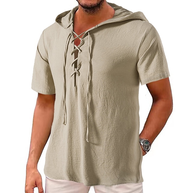 Male Casual Shirt Hooded Summer Short Sleeve Black White Khaki Solid Color Casual Clothing Apparel Drawstring